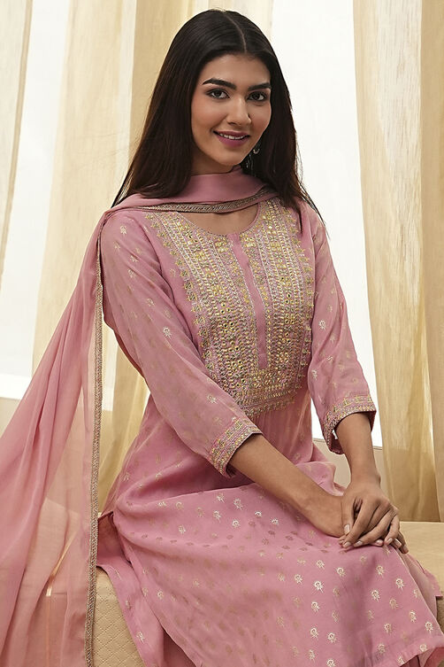 Dull Pink Embroidered Straight Suit Set image number 7