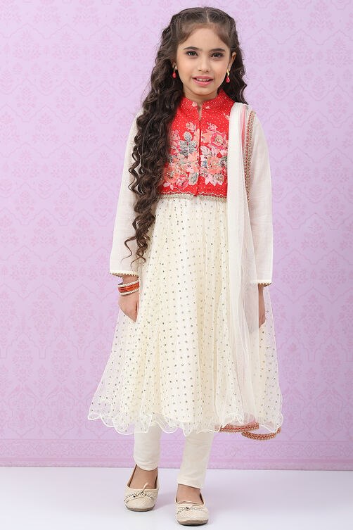 Red & White Art Silk Straight Kurta Churidar Suit Set image number 0