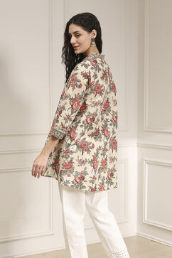 Off-White and Red Cotton A-Line Shirt image number 3