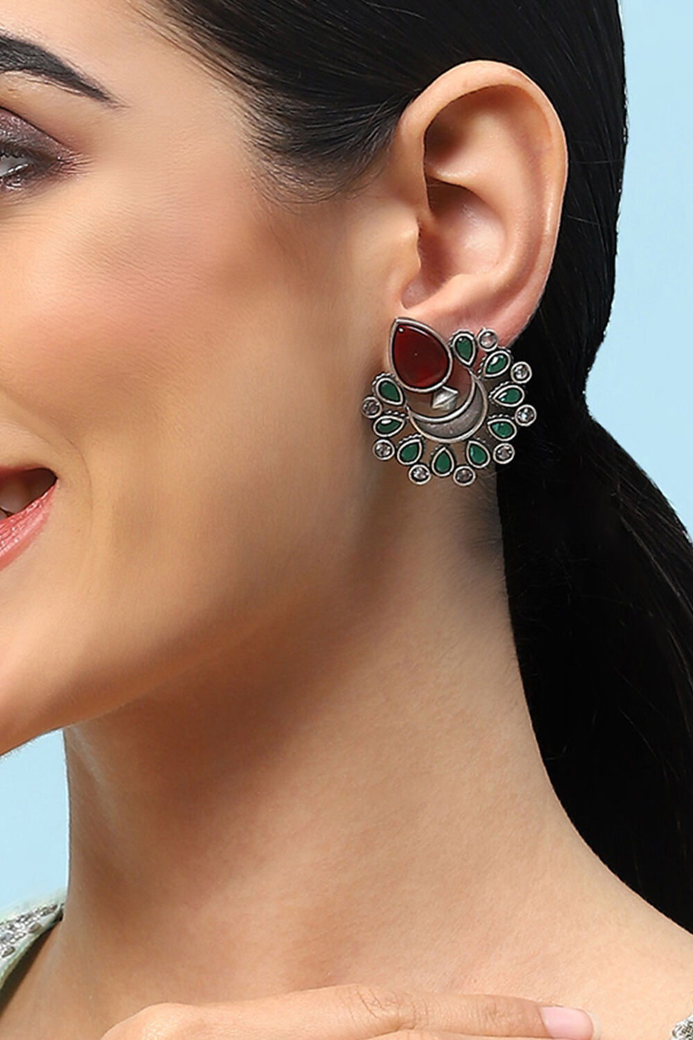 Oxidised Red & Green Brass Earrings image number 1