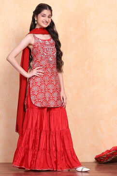 Red Viscose Blend Sharara Suit Set image number 4