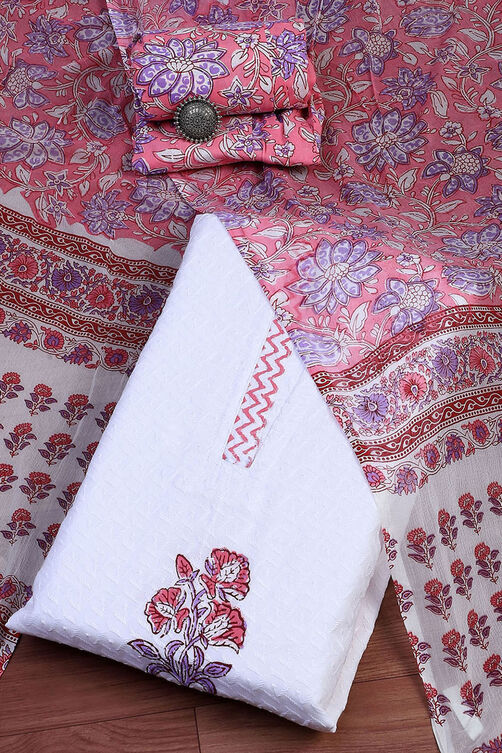 White and Pink Cotton Floral Hand Block Unstitched Suit Set image number 0