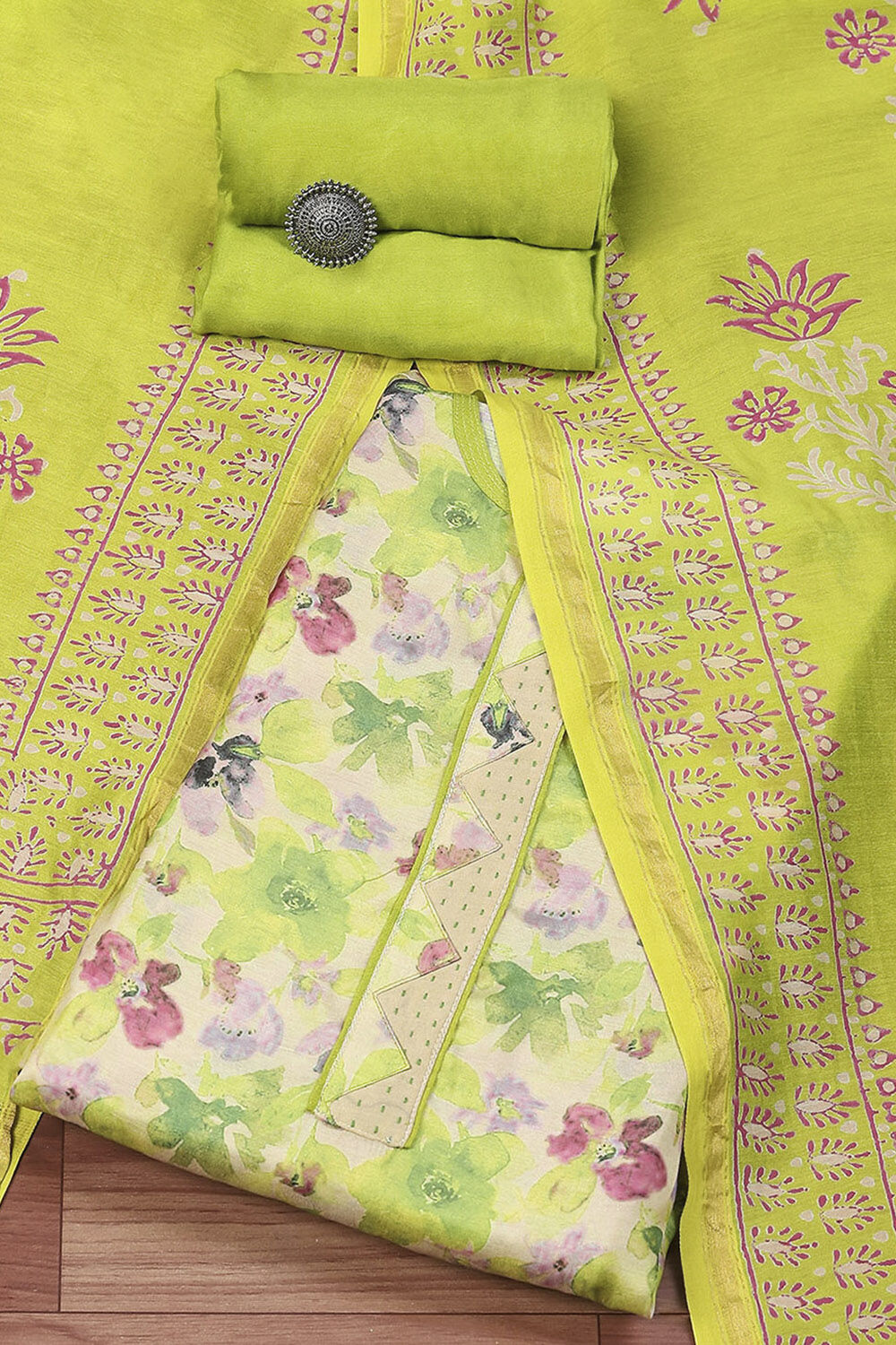 Green Cotton Hand Block Print Unstitched Suit Set image number 0