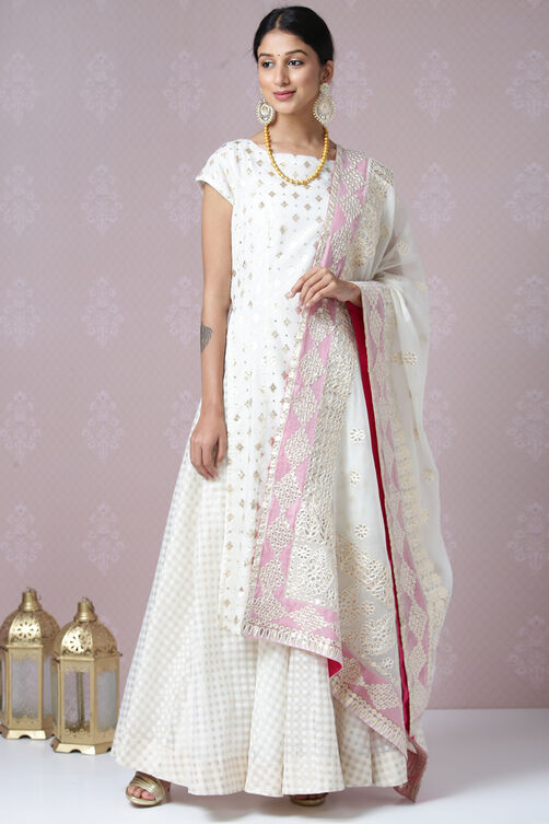 Off White Poly Metallic Cotton Straight Kurta Skirt Suit Set image number 5
