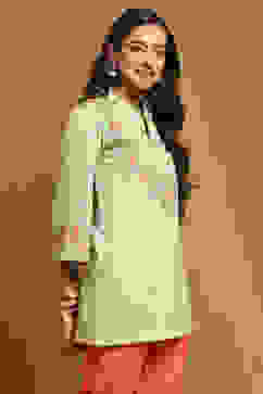 Mint Green Knit Printed Straight Winter wear Short Kurta image number 4