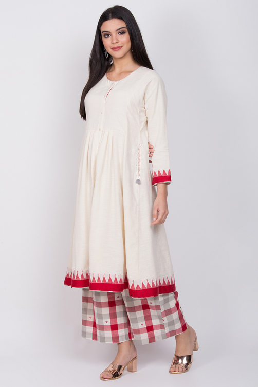 Ivory Eco Cotton Front Open Kurta Palazzo Suit Set image number 3