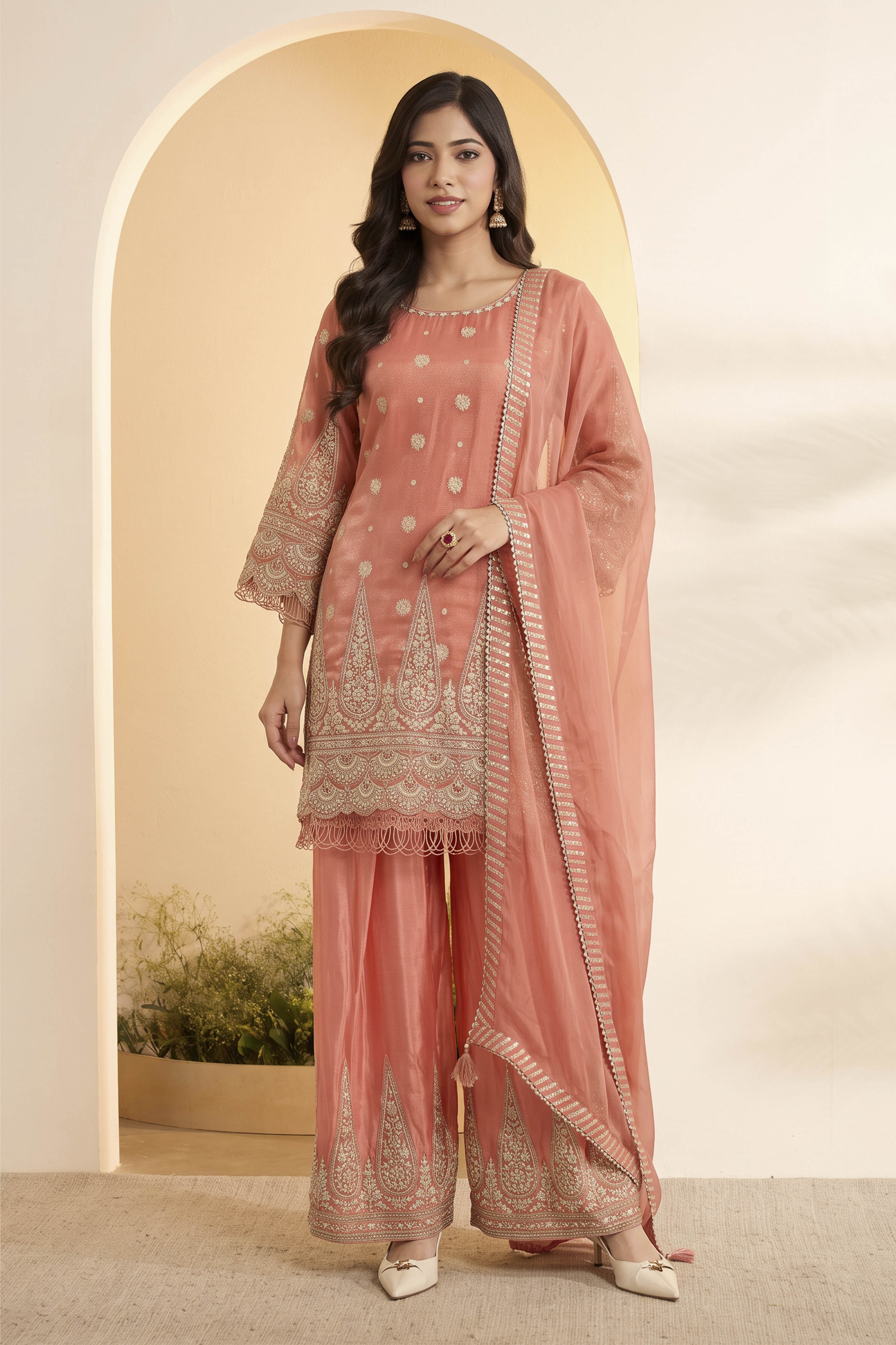 Peach Tissue Jacquard Embroidered Suit Set with Organza Dupatta image number 0