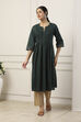 Green Cotton Solid Pleated A-Line Dress image number 5