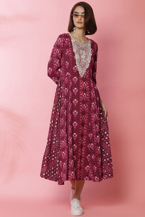Blue Rayon Flared Lace Printed Dress image number 4