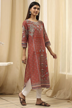 Rust Cotton Printed Straight Kurta image number 3