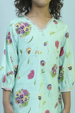 Turquoise Cotton Floral Straight Kurta Pants Set image number 1