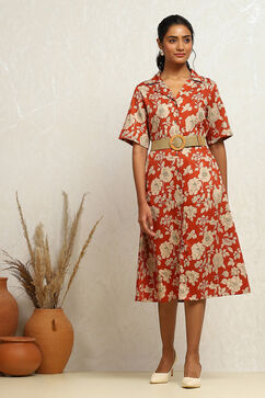 Rust Pure Cotton Floral Printed Straight Dress image number 5