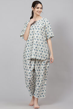 Cream Straight Cotton Three Piece Printed Sleepwear Set image number 3
