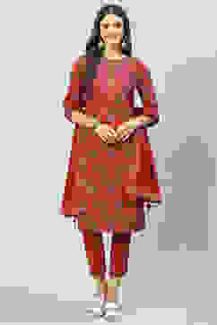 Cherry Printed Cotton Straight Kurta Slim Pants Suit Set image number 0