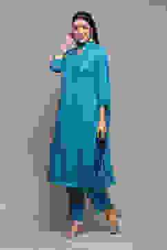 Turquoise LIVA Gathered Yarndyed Kurta Afgan Pant Suit Set image number 4