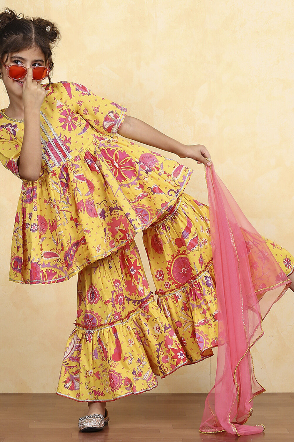 Yellow Cotton Printed Kalidar Sharara Suit Set image number 6