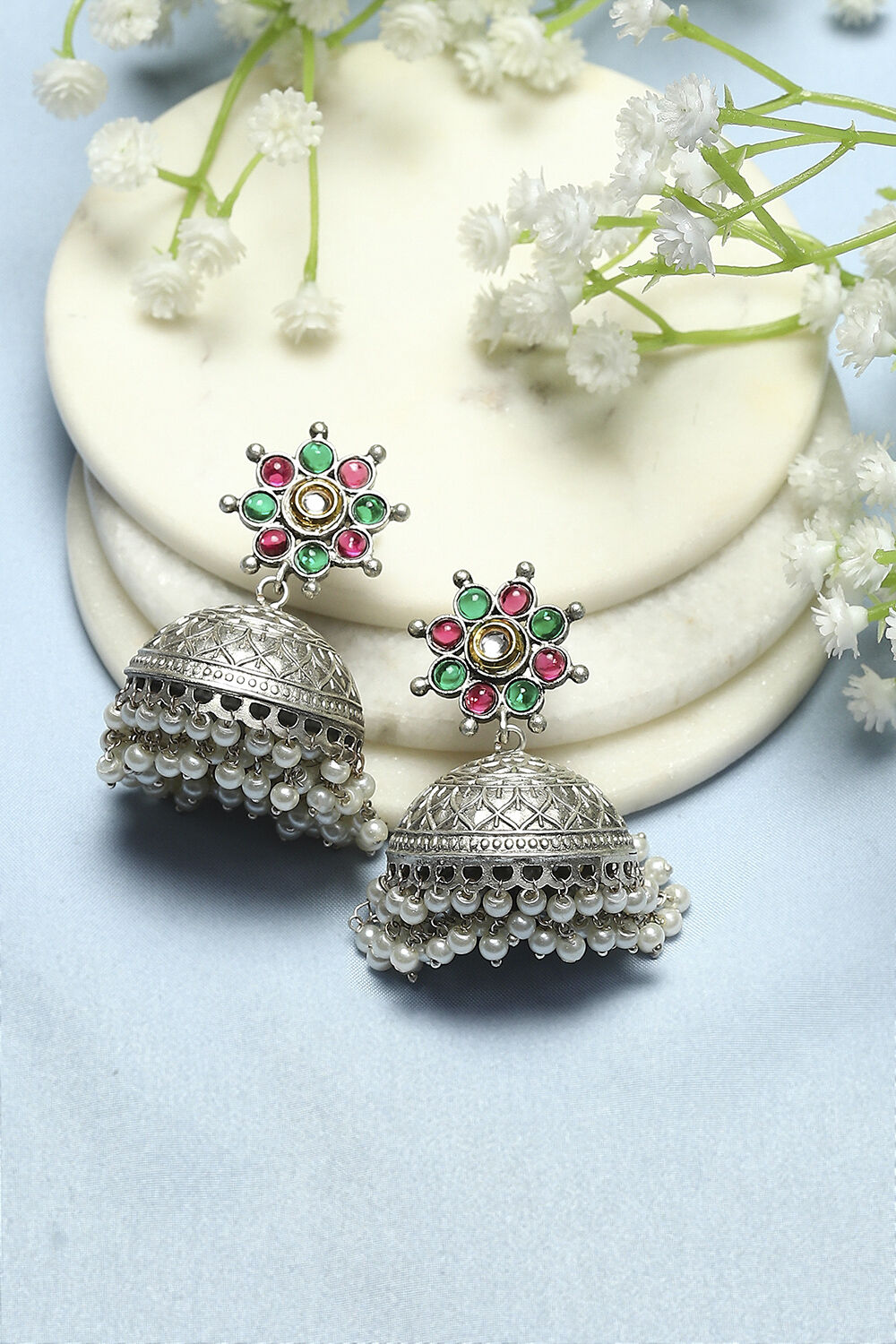 Pink and Green Oxidised Stone Studded Jhumkas image number 0