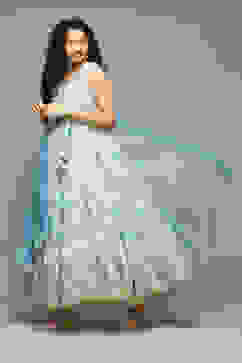 Off White Linen Anarkali Kurta Churidar Suit Set image number 5