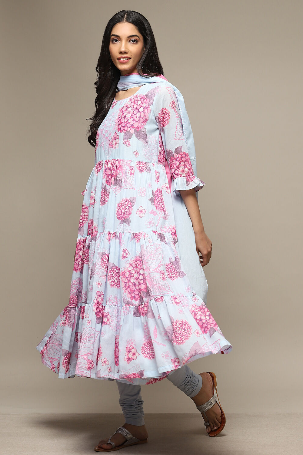 White & Blue Cotton Anarkali Kurta Churidar Suit Set image number 5