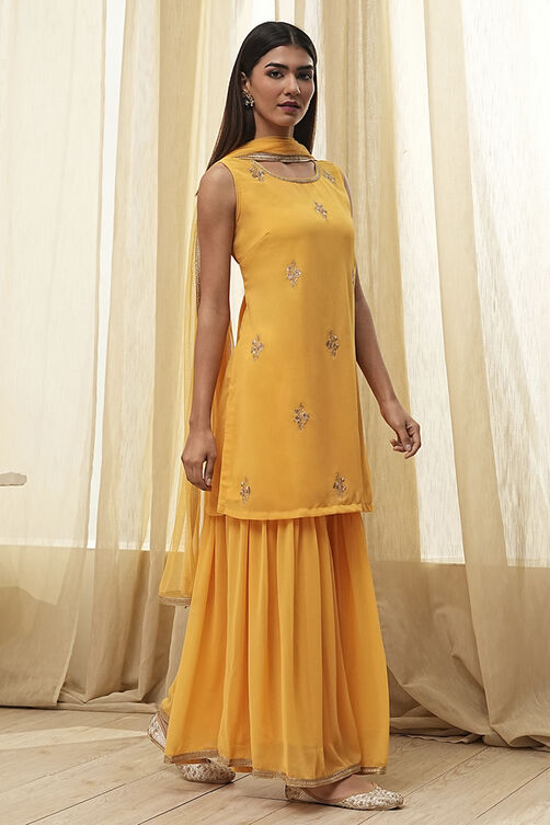 Ochre Yellow Embroidered Straight Suit Set image number 5
