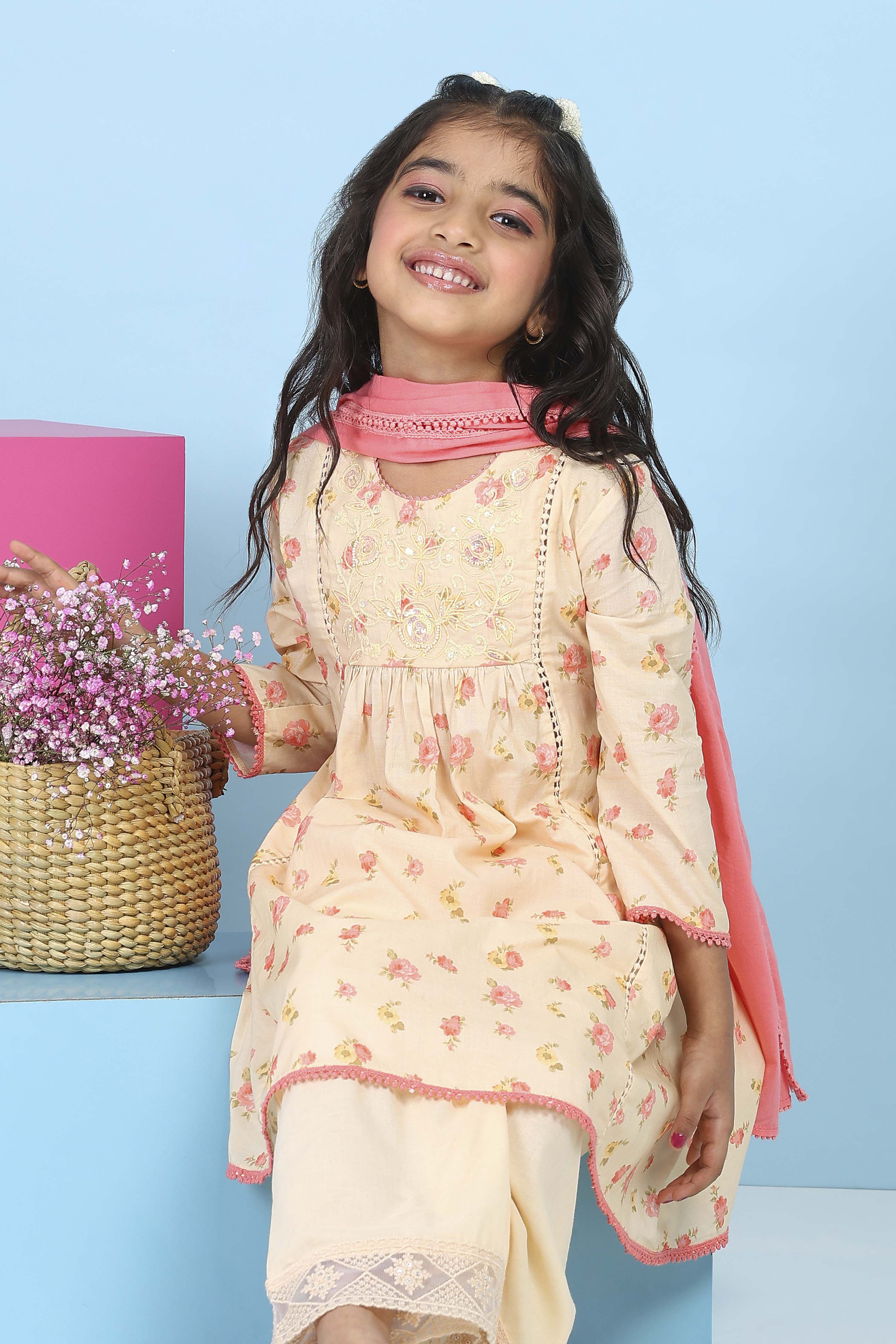 Peach Cotton Printed A-Line Suit Set image number 7