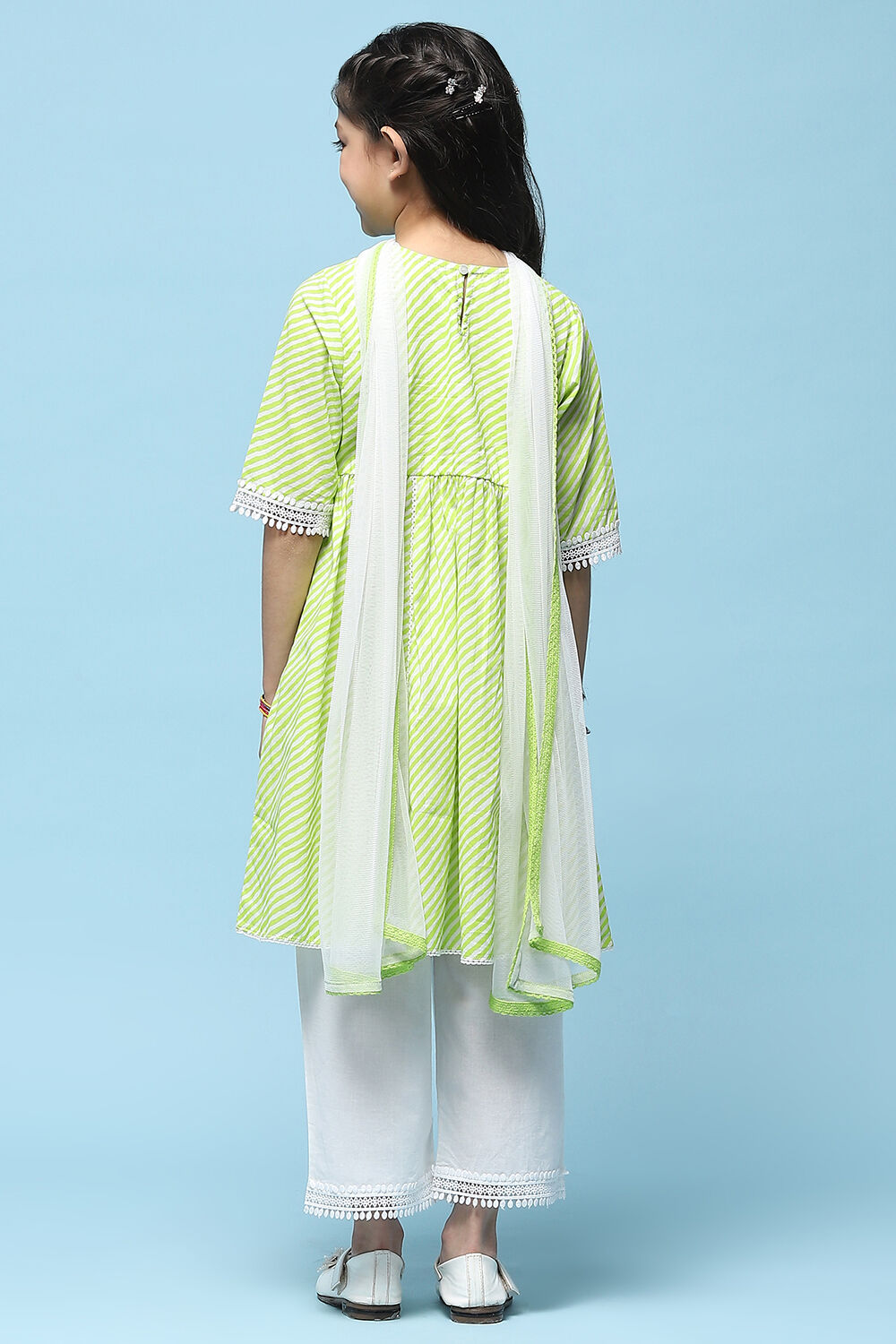 Green Leheriya Cotton Kurta With Palazzo & Net Dupatta image number 5
