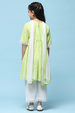 Green Leheriya Cotton Kurta With Palazzo & Net Dupatta image number 5
