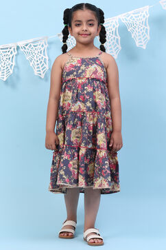 Blue Rayon Tiered Printed Kurta image number 3