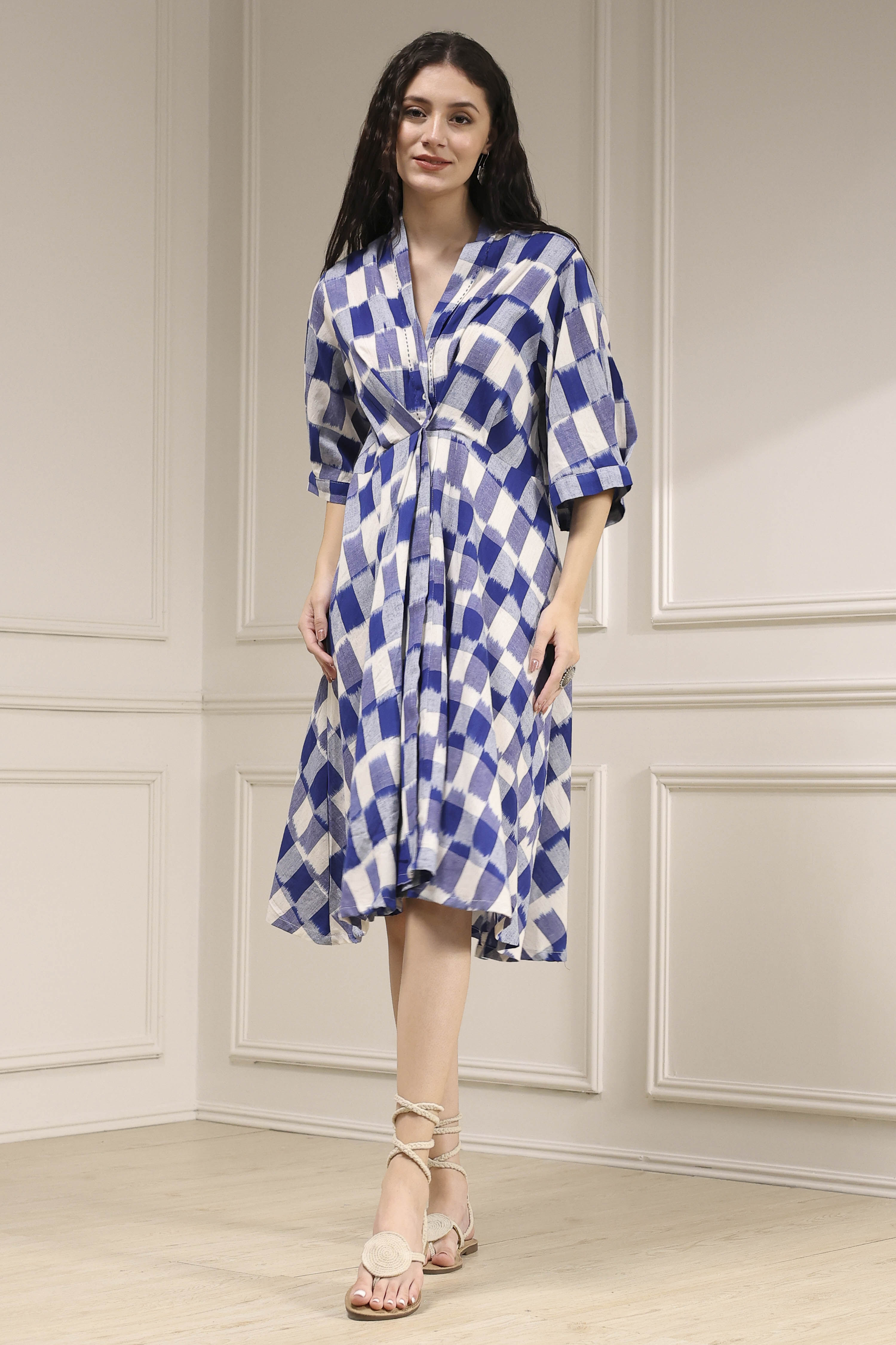 Indigo Cotton Flared Yarndyed Dress image number 5