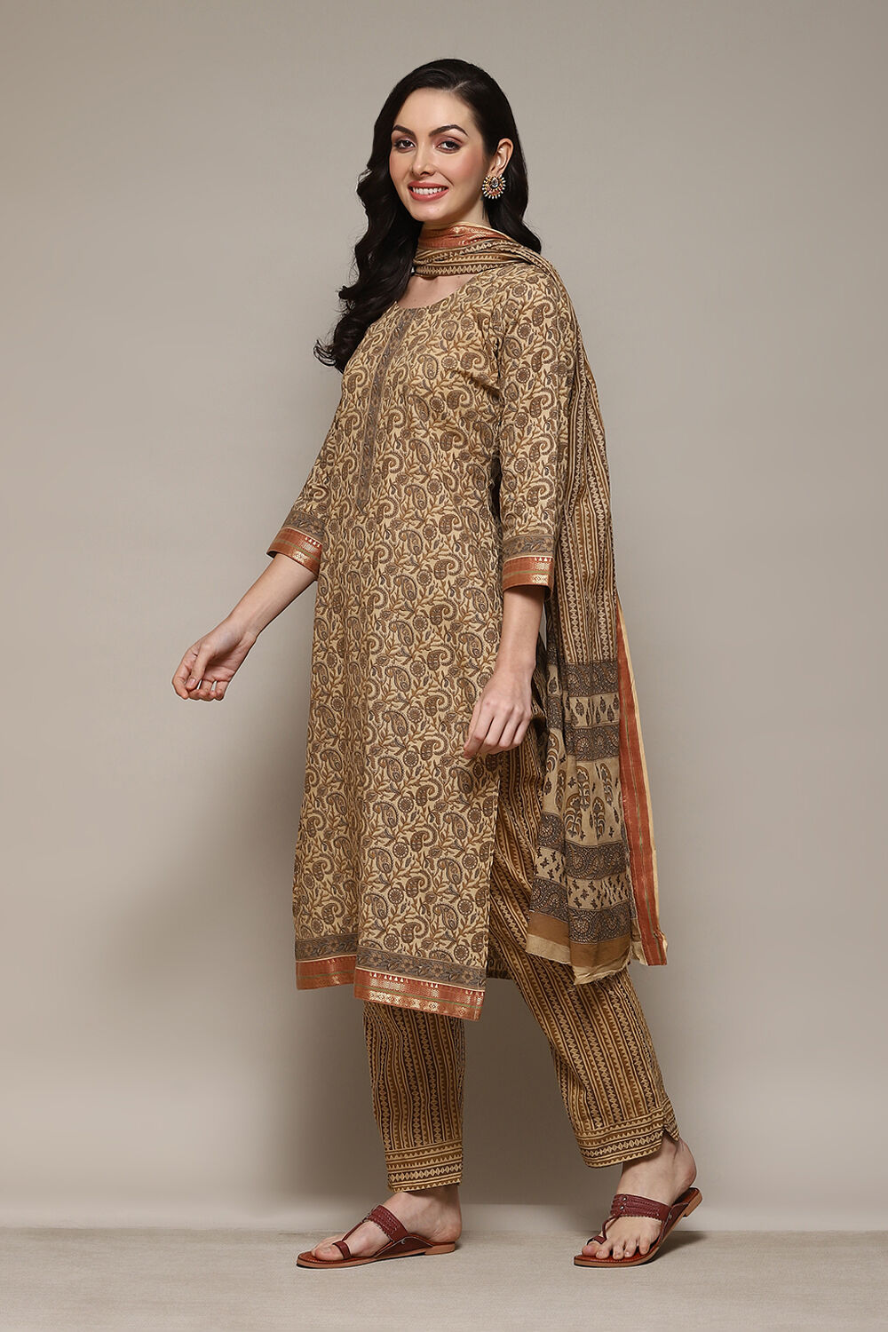 Coffee Brown Cotton Machine Embroidered Unstitched Suit Set image number 6