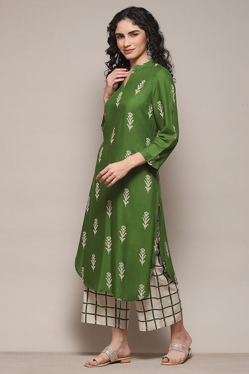 Navy Rayon flax Straight Kurta Palazzo Suit Set image number 3