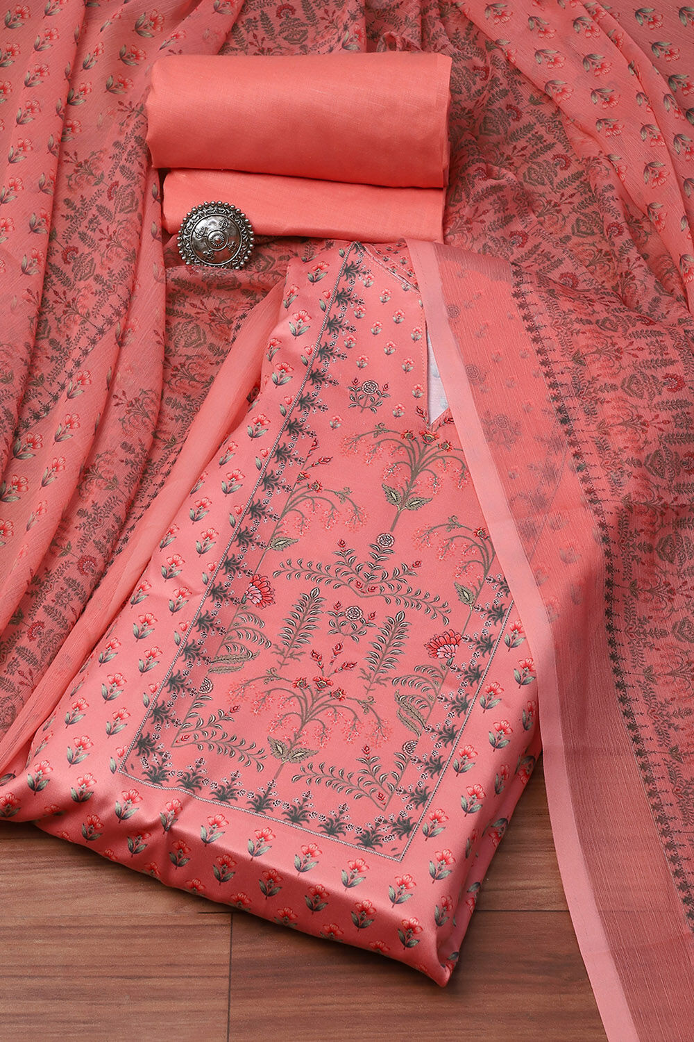 Peach Cotton Screen Print Unstitched Suit Set image number 0