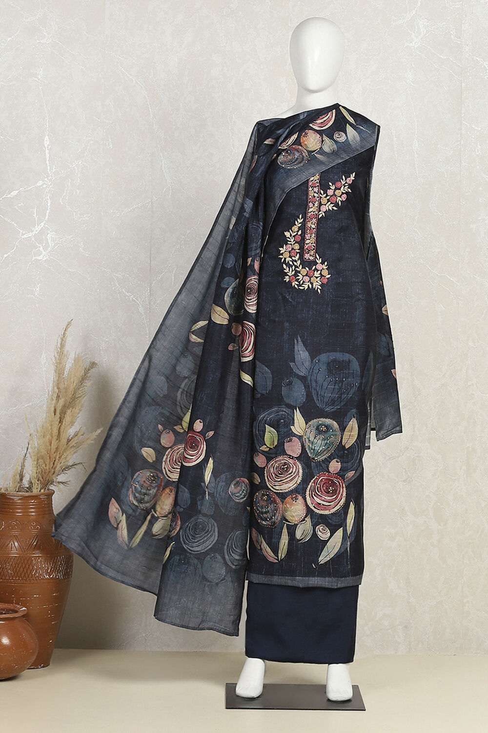 Navy Blue Silk Blend Printed Embroidered Unstitched Suit Set image number 4