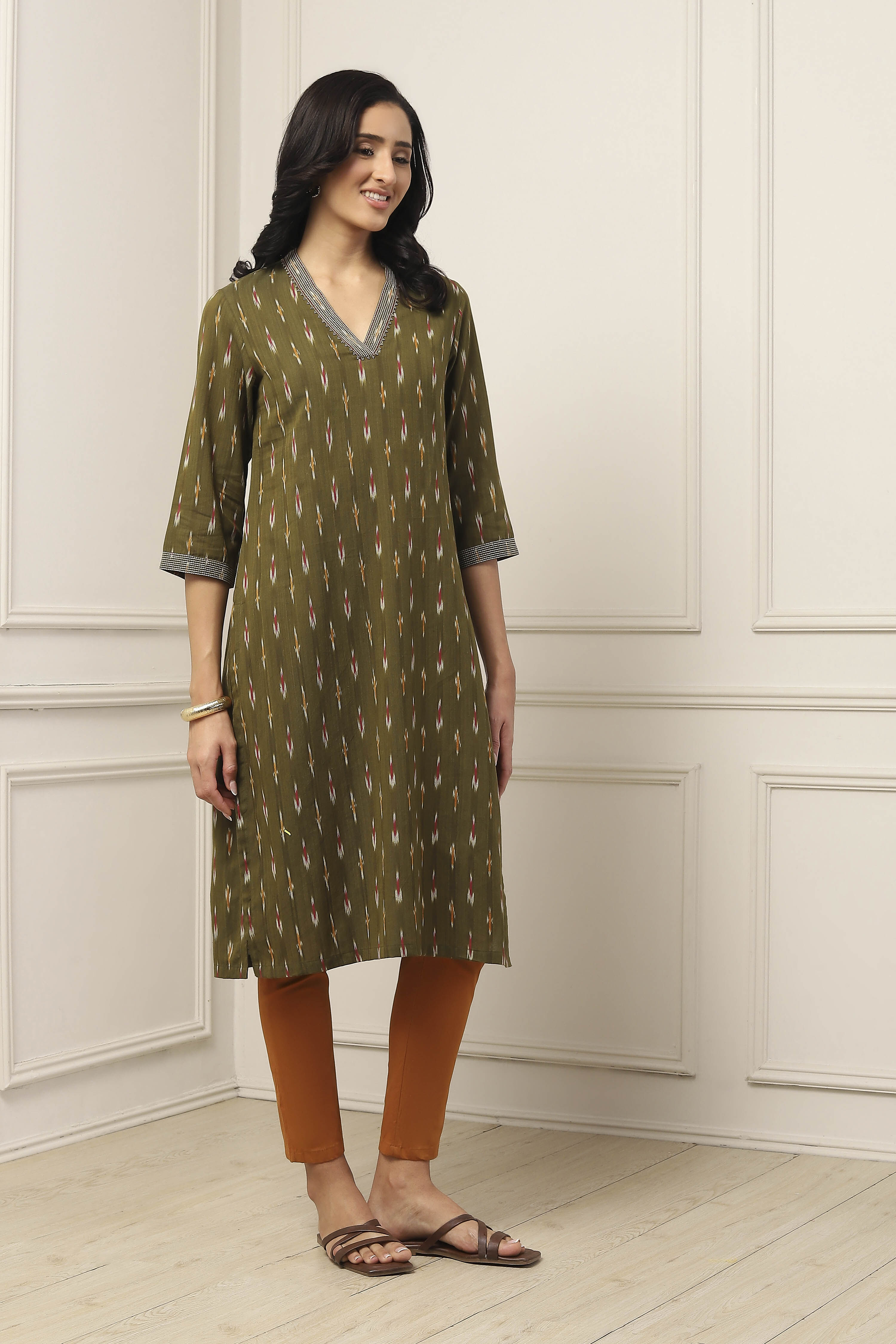 Green Cotton Printed Straight Kurta image number 4