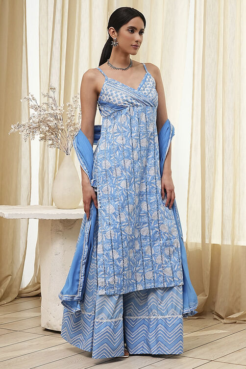 Blue Cotton Floral Strappy Straight Suit Set image number 5