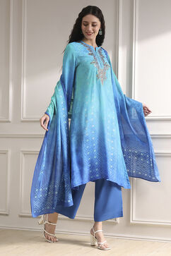 Turquoise Printed Straight Suit Set image number 0