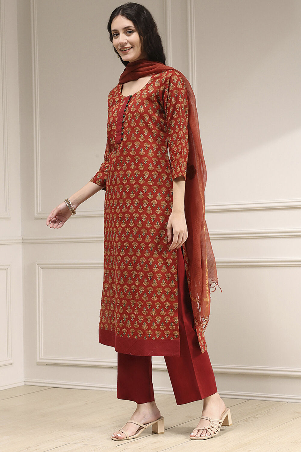 Blue Cotton Screen Print Unstitched Suit Set image number 4