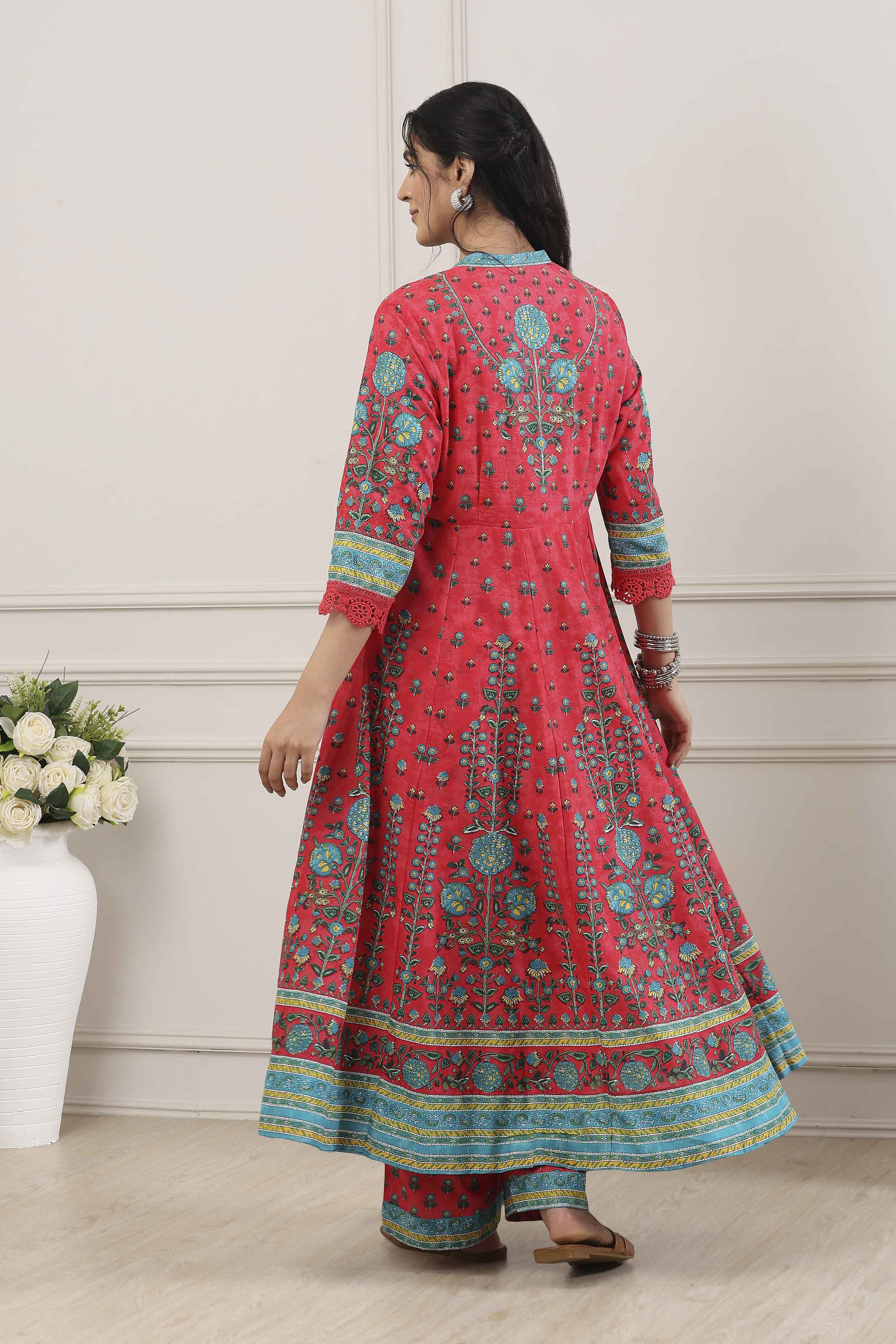 Red Cotton Kalidar Suit Set image number 4