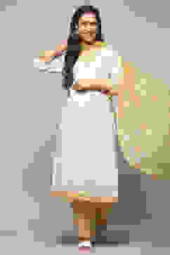 Yellow White Cotton Unstitched Suit set image number 1