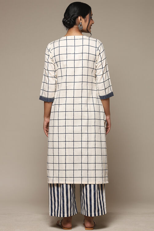 Natural & Blue Cotton Blend Straight Kurta Palazzo Suit Set image number 4
