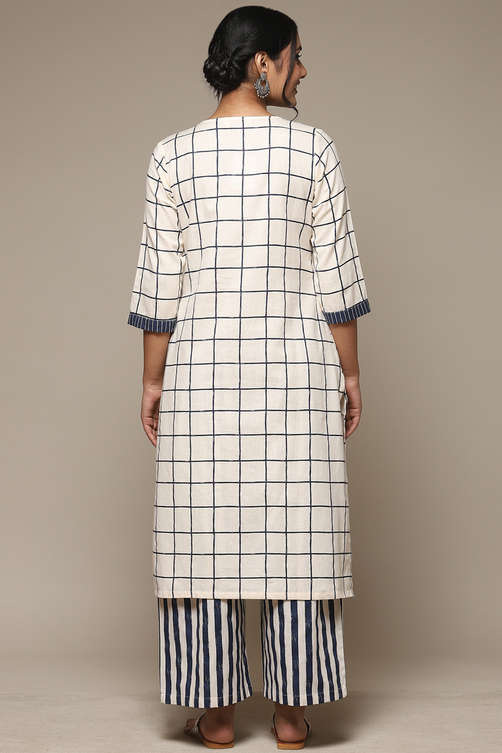 Natural & Blue Cotton Blend Straight Kurta Palazzo Suit Set image number 4