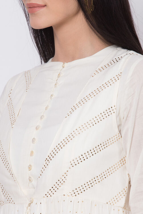 Off White Cotton Front Open Kurta Churidar Suit Set image number 1