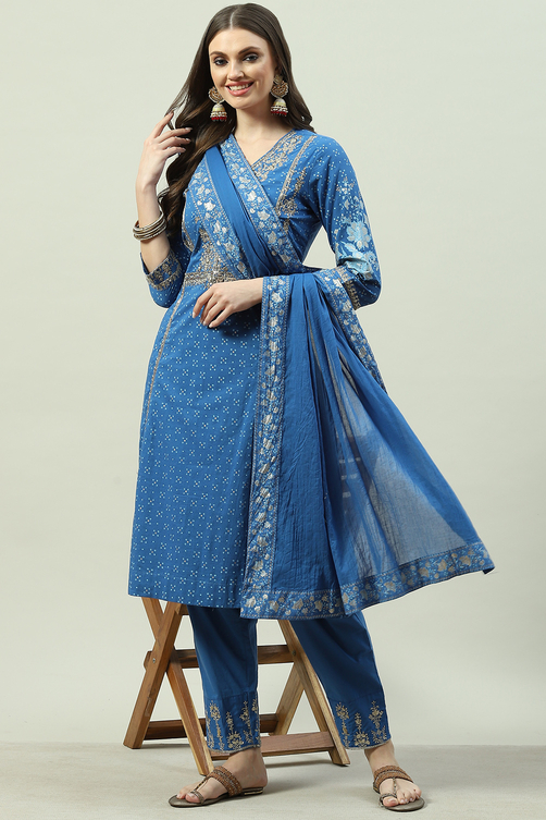 Blue Cotton Kalidar Kurta Relaxed Pants Suit Set image number 0