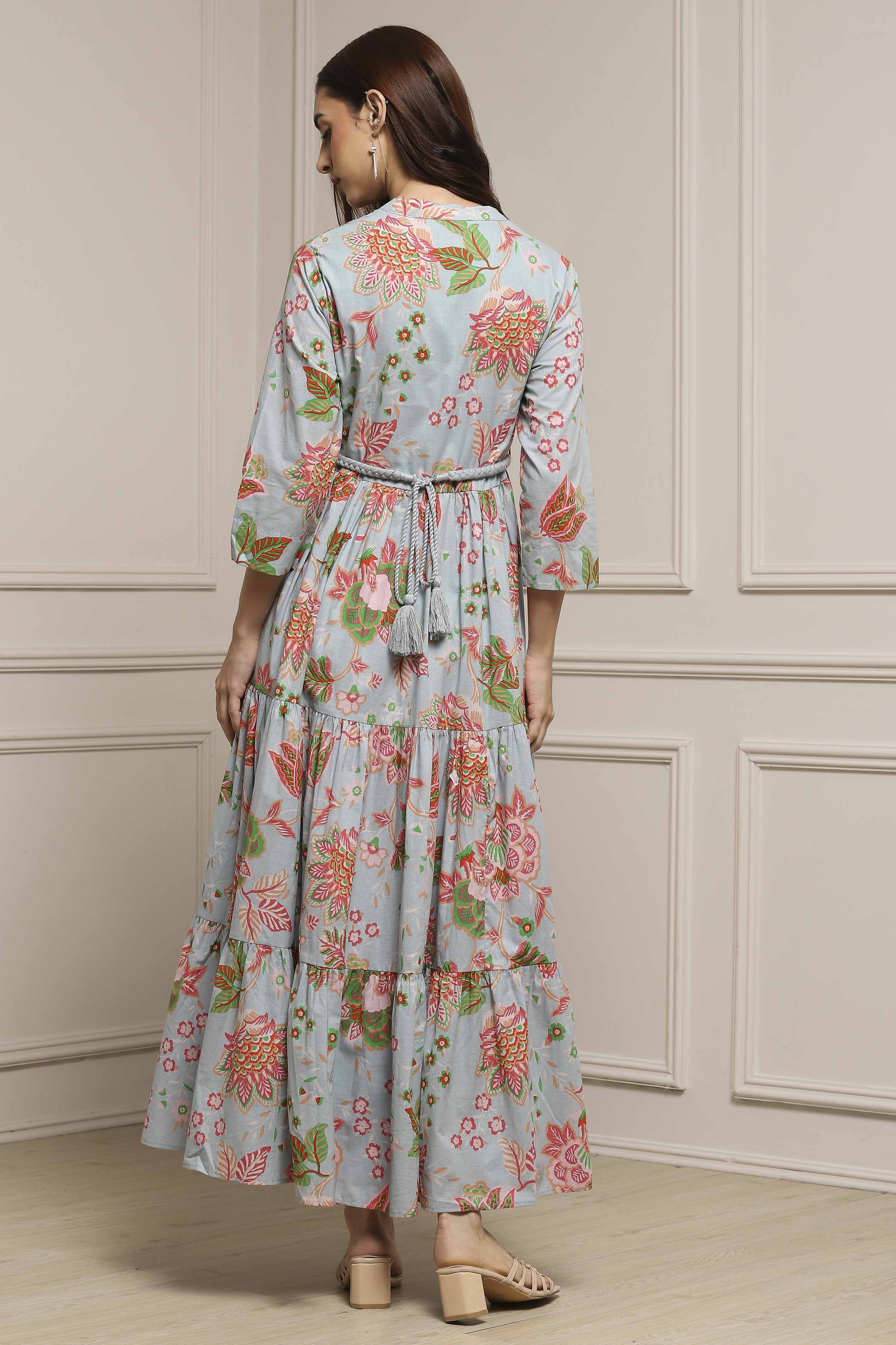 Earthy Blue Cotton Floral Tiered Dress image number 3