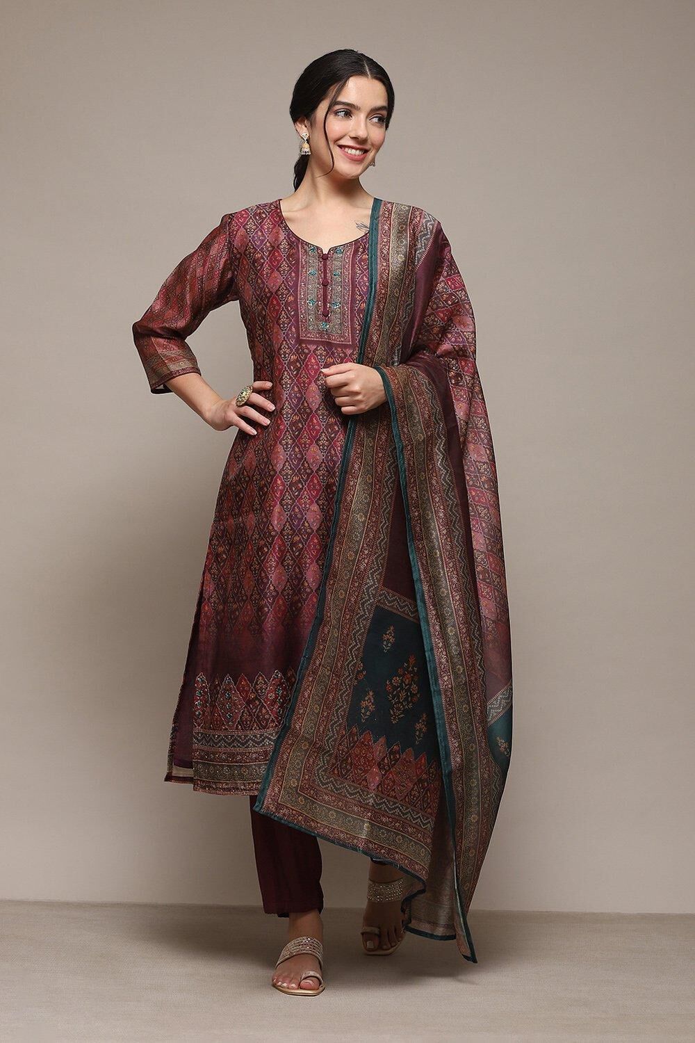 Wine Chanderi Unstitched Suit Set image number 5