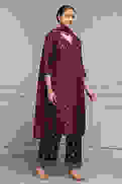 Purple Viscose Dupion Printed Straight Suit Set image number 5