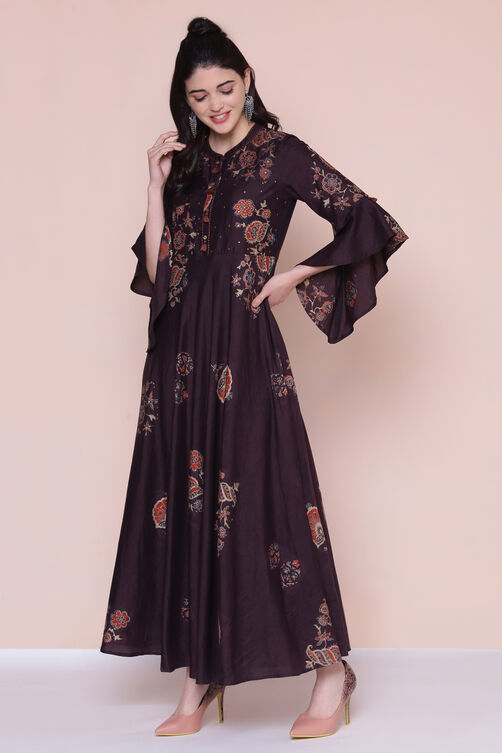 Brown Cotton Fusion Wear Dress image number 1
