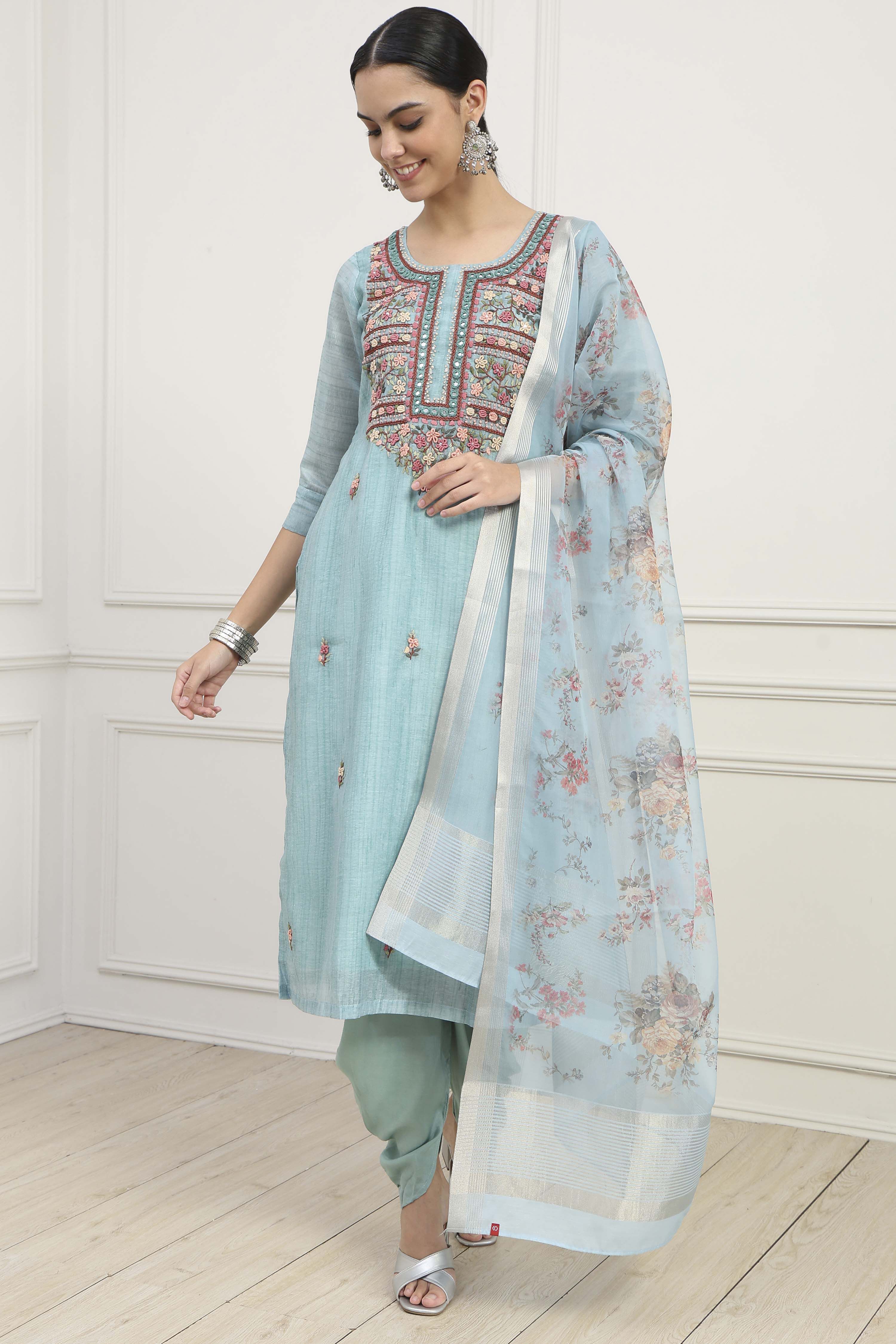 Blue Chanderi Hand Embroidered Unstitched Suit Set image number 1