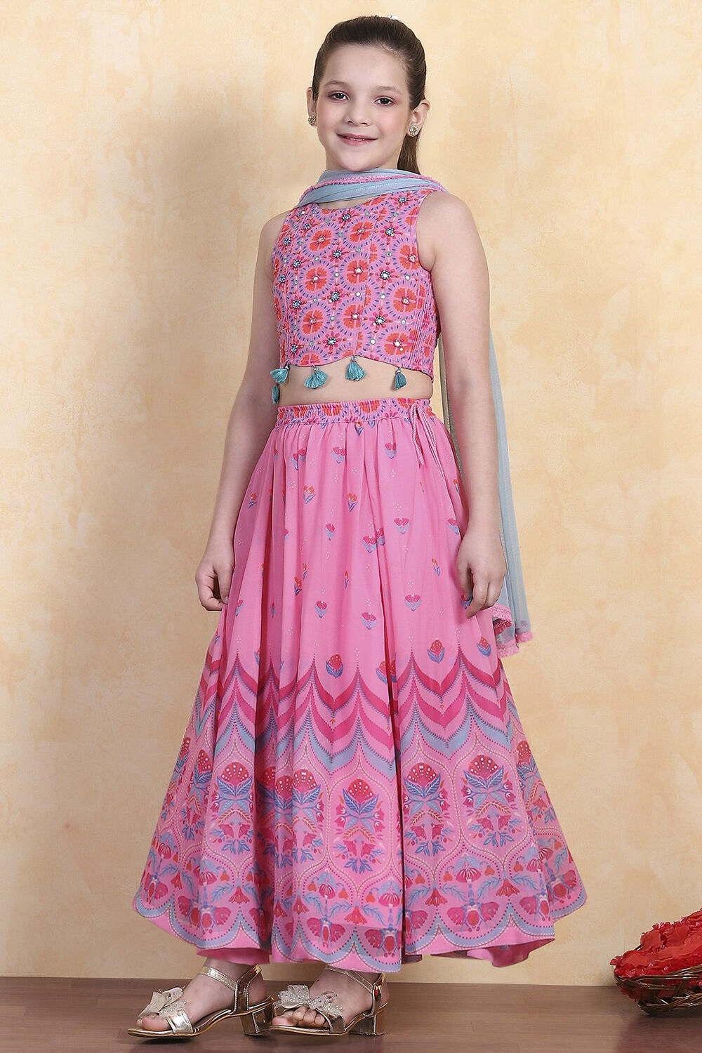 Pink Printed Flared Lehenga Set image number 3