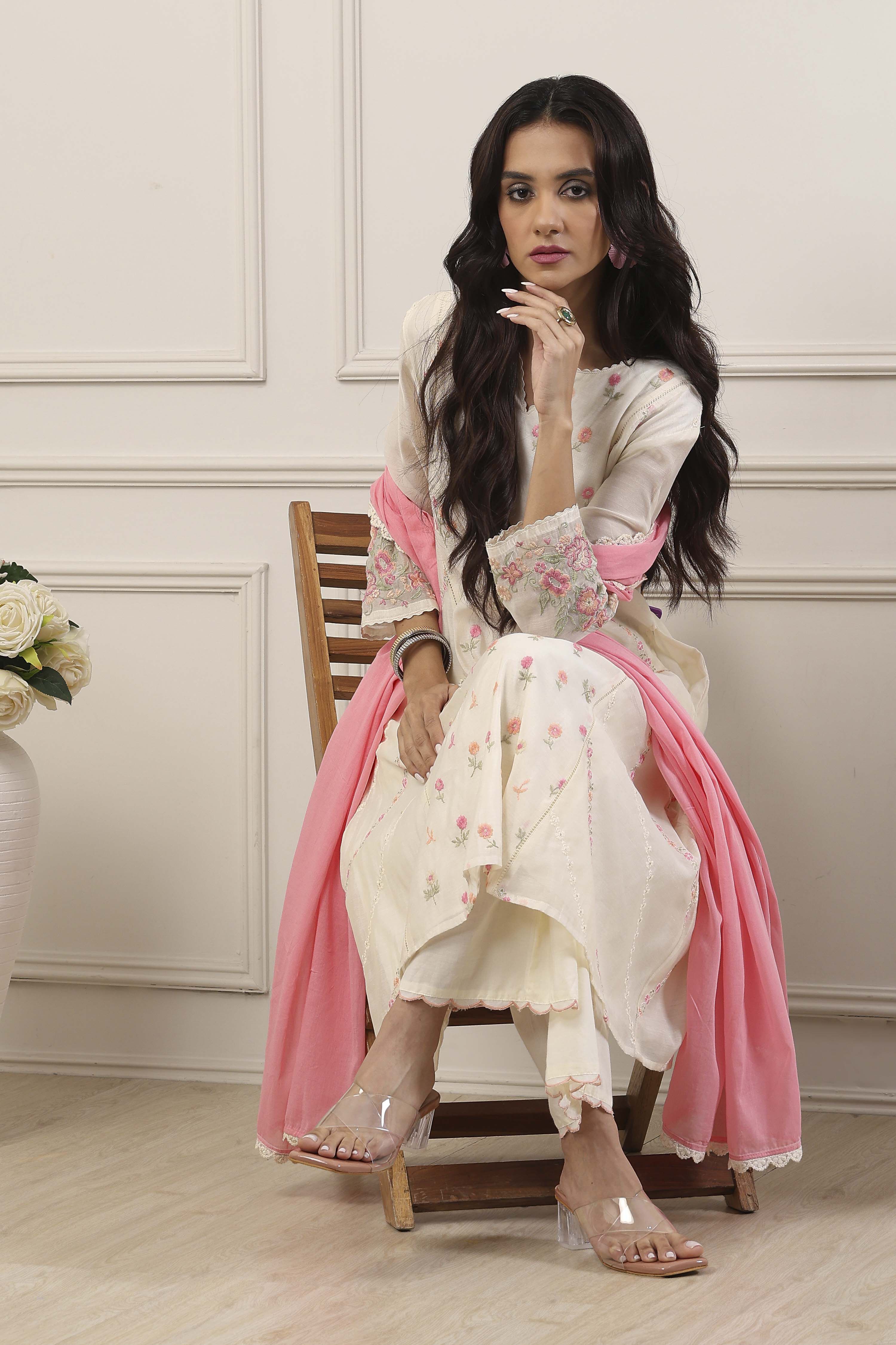 White Poly Chanderi Kalidar Suit Set image number 7